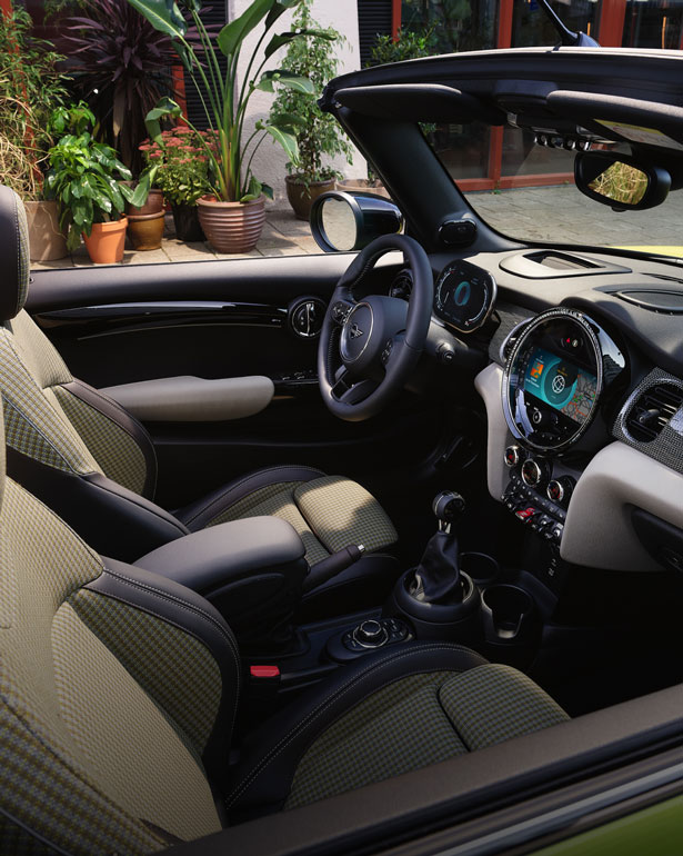 Closeup view of the front row of a MINI Convertible from the perspective of the front passenger’s seat, with plants on the ground in the background.